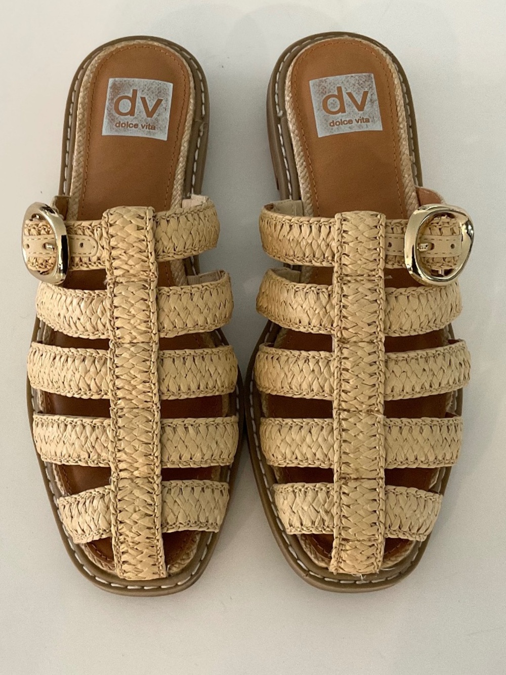 Dolce Vita Beige Braided Slide Sandals with Gold Buckles - Picture 2 of 7